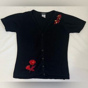 Spago Button-Front Knit Top with Floral Embroidery BoHo Style Vintage Y2K
